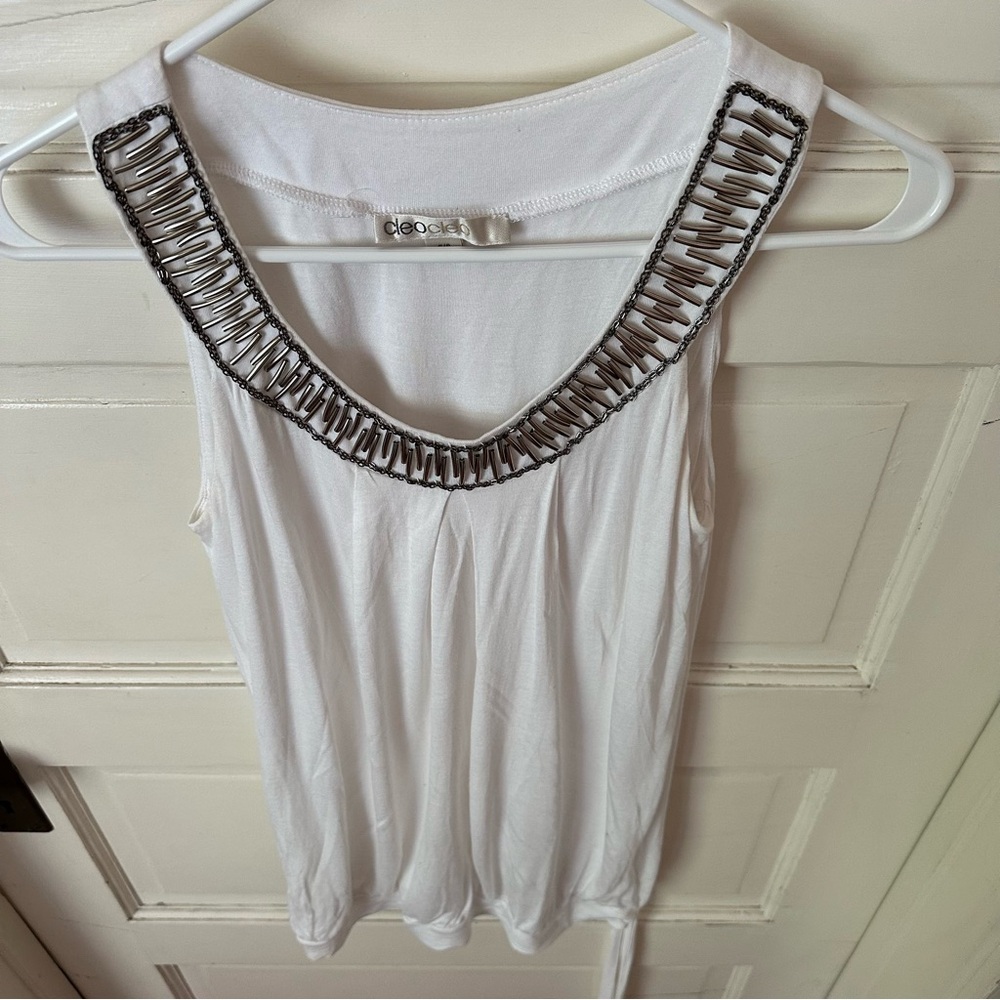 White Cleo Silver Beaded Cleopatra Halter Neck Sleeveless Tank Tunic Vintage y2k